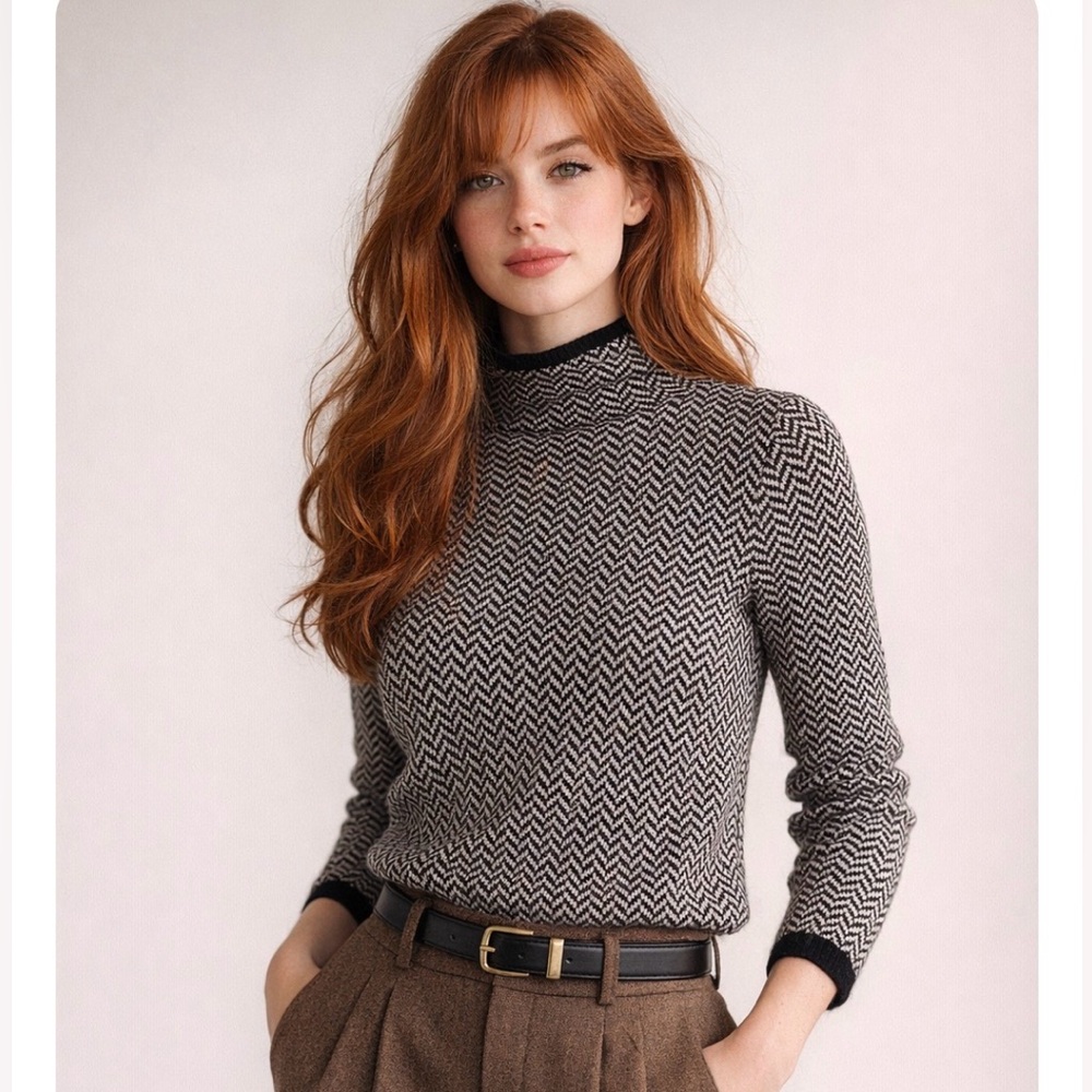 Ralph Lauren Funnel Neck Black & White Herringbone Sweater Wool Womens M